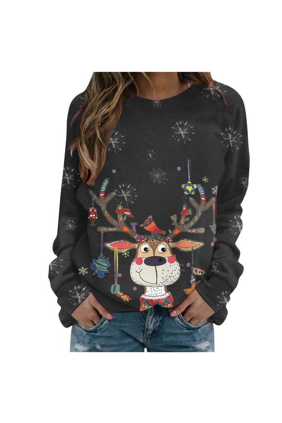 Womens Ugly Christmas Sweatshirt Cute Graphic Printed Holiday Tops Juniors Trendy Long Sleeve Round Neck Pullover Tee Blouse 2024 Christmas Tunic Sweaters,B#01_Black,Small
