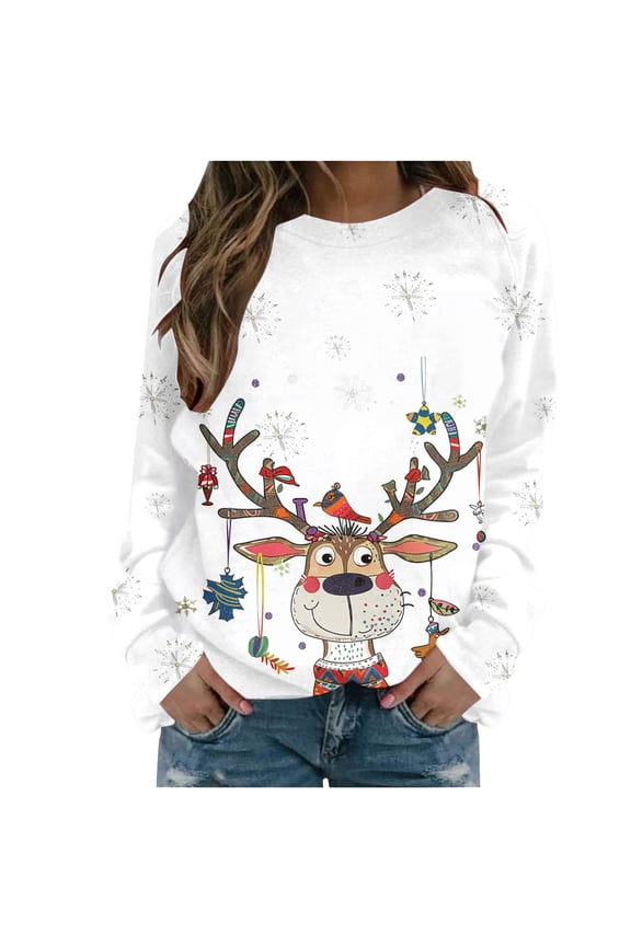Womens Ugly Christmas Sweatshirt Cute Graphic Printed Holiday Tops Juniors Trendy Long Sleeve Round Neck Pullover Tee Blouse 2024 Christmas Tunic Sweaters,W#01_White,Large