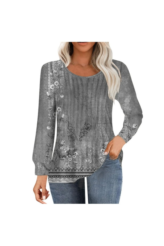 Womens Vinatge Tops Trendy Pleating Round Neck Tunic Sweatshirts Juniors Comfy Long Sleeve Tshirts Flared Lightweight Casual Blouses Trendy Tees,Gray,Small