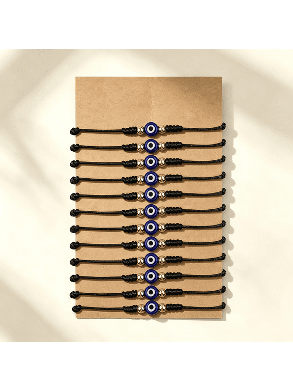 12Pcs Evil Eye Braided String Bracelet Set, Adjustable Cord Bracelets with Gold Beads Protection Amulet for Men Women