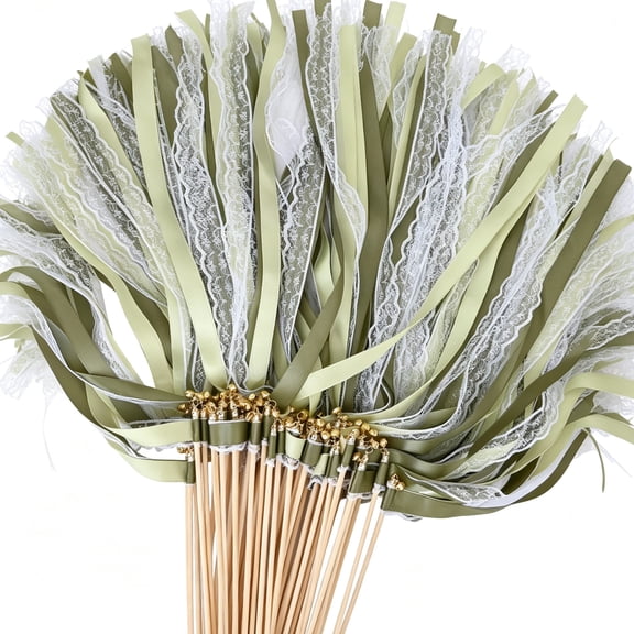 mirlewaiy 30Pcs White Ribbon Wands with Bells, Silk Lace Streamer Sticks for Wedding Birthday Holiday Party