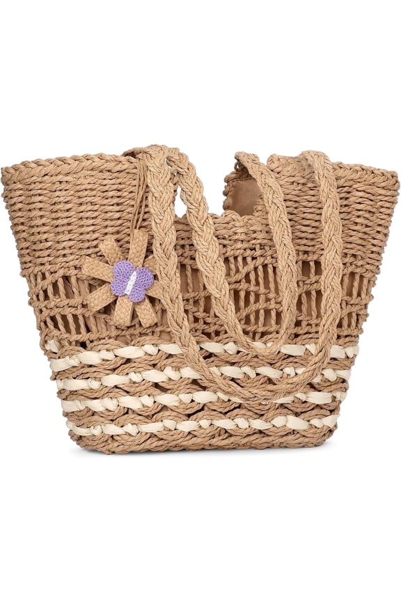 Beach Bags for Women, Summer Straw Bag, Woven Straw Beach Tote Bag Shoulder Handbags-Khaki-flower