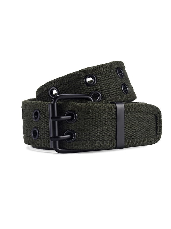 Canvas Belt for Men Women, Double Prong Alloy Buckle Waist Belt, Army Green Double Row Eyelet Casual Jean Belt, 110cm(43.3in) /120cm(47.2in)