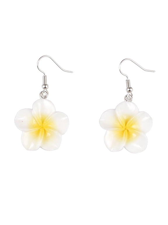Colorful Hawaiian Plumeria Flower Dangle Earrings for Women Resin Bohemian Flowers Drop Earrings Silver Plated Fish Hook Tropical Jewelry Summer Beach Party Accessories