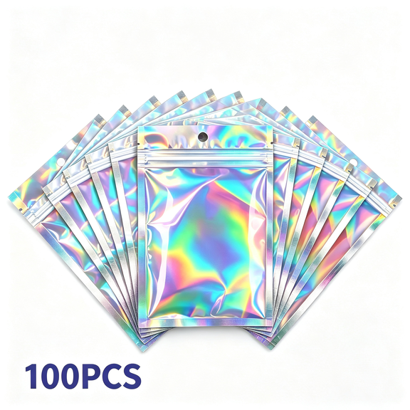 mirlewaiy Holographic Mylar Ziplock Bags, Resealable Iridescent Self Sealing Packaging Bags With Hang Hole