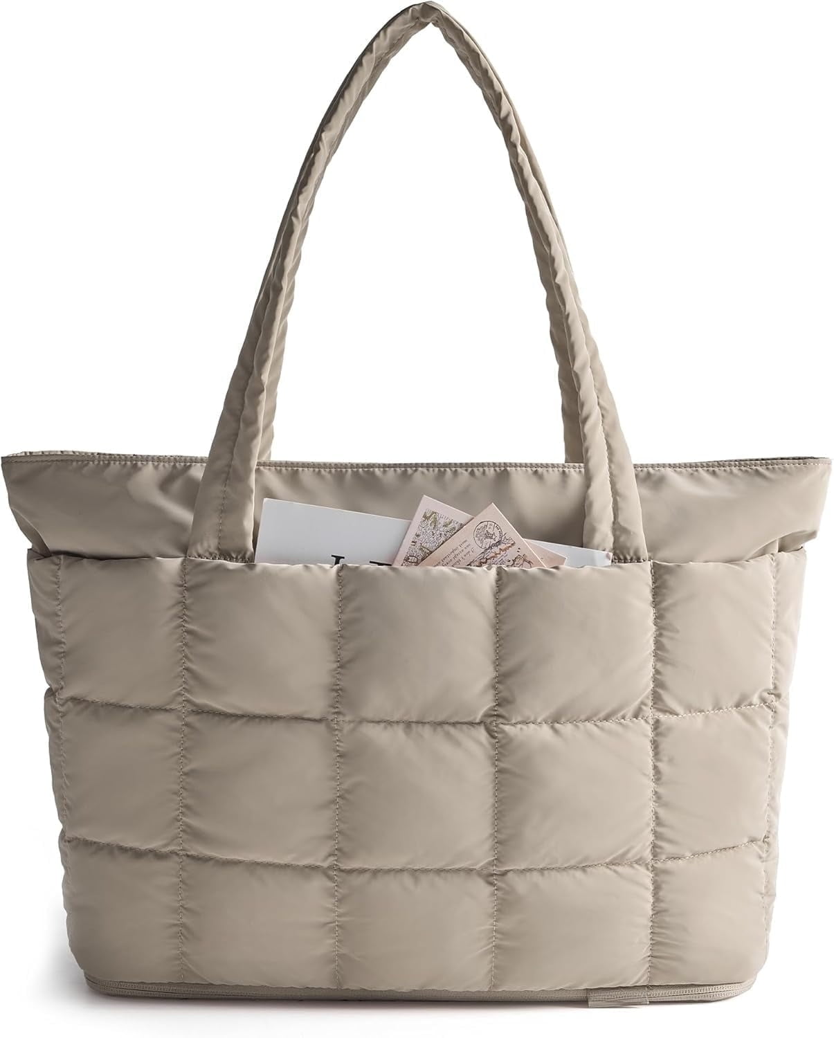 mirlewaiy Tote Bag for Women, Puffer Work Tote Handbag, Quilted Carry-On Travel Gym Bag(Camel)