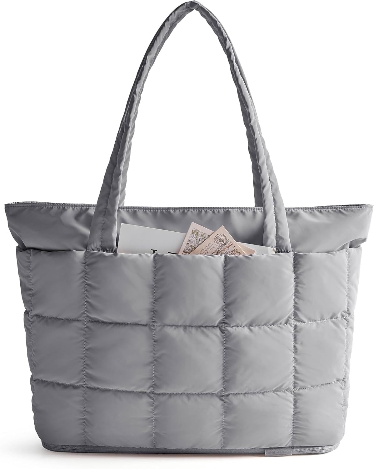 mirlewaiy Tote Bag for Women, Puffer Work Tote Handbag, Quilted Carry-On Travel Gym Bag(Grey)