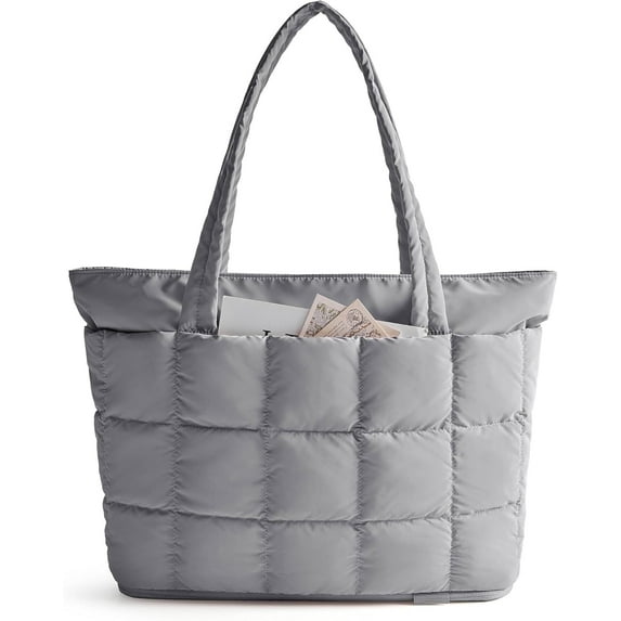 mirlewaiy Tote Bag for Women, Puffer Work Tote Handbag, Quilted Carry-On Travel Gym Bag(Grey)