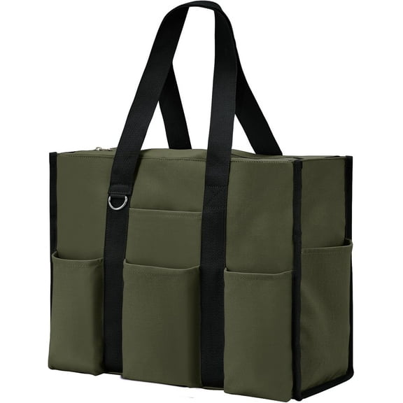 mirlewaiy Large Tote Bag for Women Waterproof with 12 Pockets Top Zipper Closure Utility Teacher Nurse Bags for Work School-Army Green