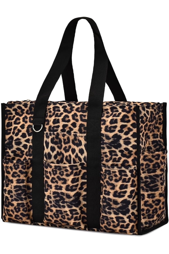 Large Tote Bag for Women Waterproof with 12 Pockets Top Zipper Closure Utility Teacher Nurse Bags for Work School-Leopard