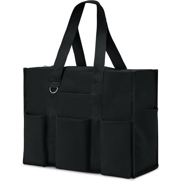 mirlewaiy Large Tote Bag for Women Waterproof with 12 Pockets Top Zipper Closure Utility Teacher Nurse Bags for Work School-Black
