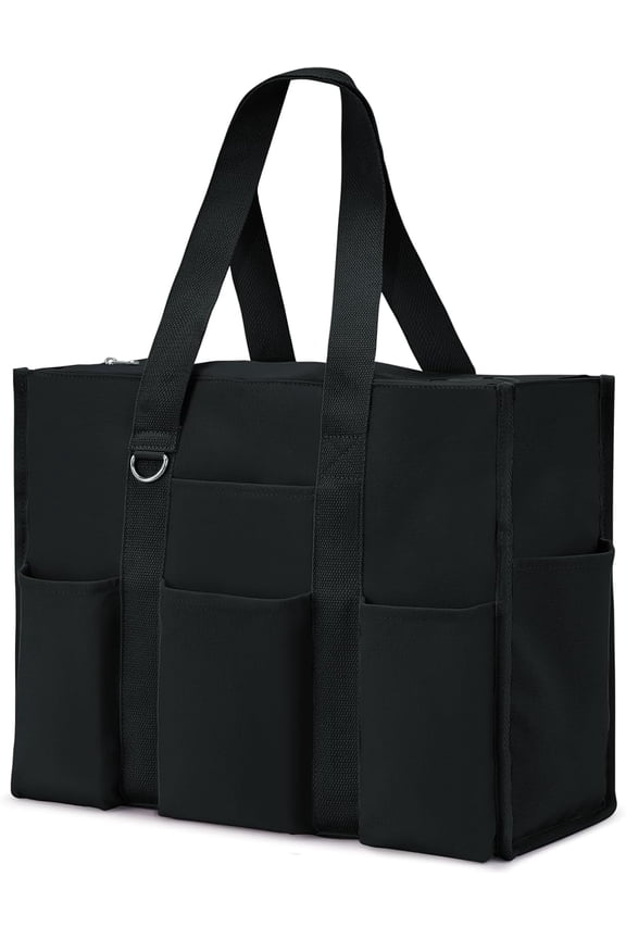 Large Tote Bag for Women Waterproof with 12 Pockets Top Zipper Closure Utility Teacher Nurse Bags for Work School-Black