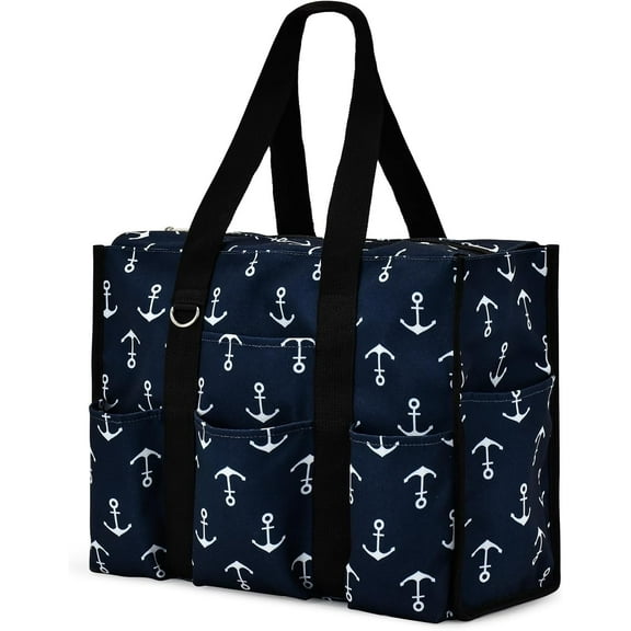 mirlewaiy Large Tote Bag for Women Waterproof with 12 Pockets Top Zipper Closure Utility Teacher Nurse Bags for Work School-Anchor