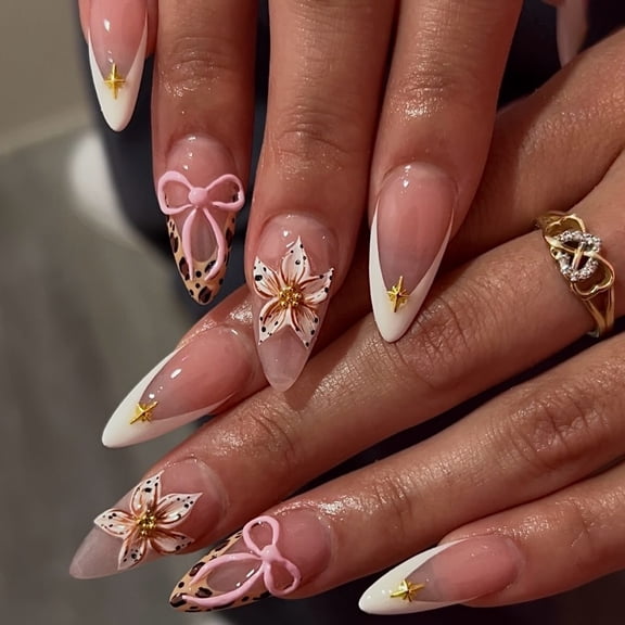mirlewaiy Medium Almond Press On Nails | Glossy Reusable Full Cover Nails, 3D Bow Leopard French Tip Design for Women, 12 Sizes 24Pcs Kit
