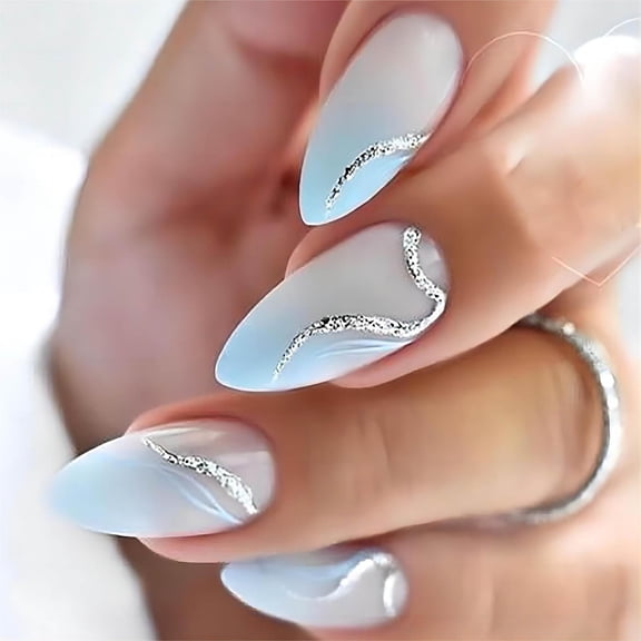 mirlewaiy Press On Nails | Glossy Glitter Nails with Silver Ripple Line Design, Manicure for Women, 24Pcs
