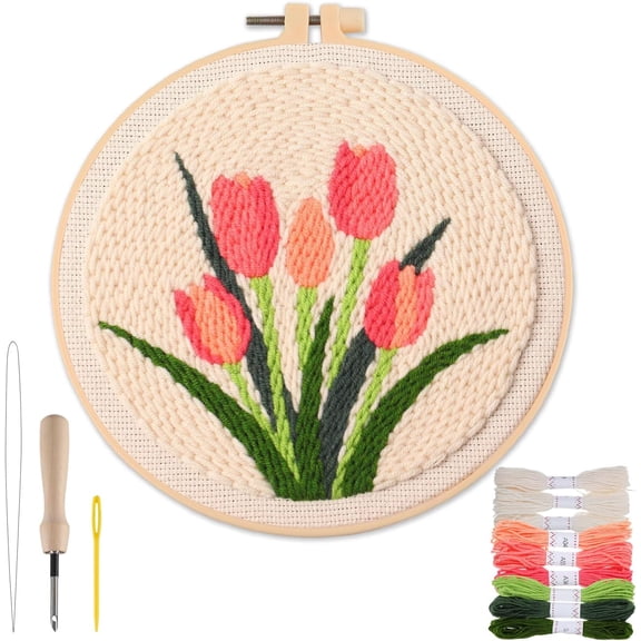 mirlewaiy Punch Needle Kit Adults Beginner- Step-by-Step Guide & Video, Including Punch Needle Fabric with Pattern/Hoop/Needle/Yarns, Spring Embroidery Craft Kits, Easy Hobby Gifts for Women, Tulip