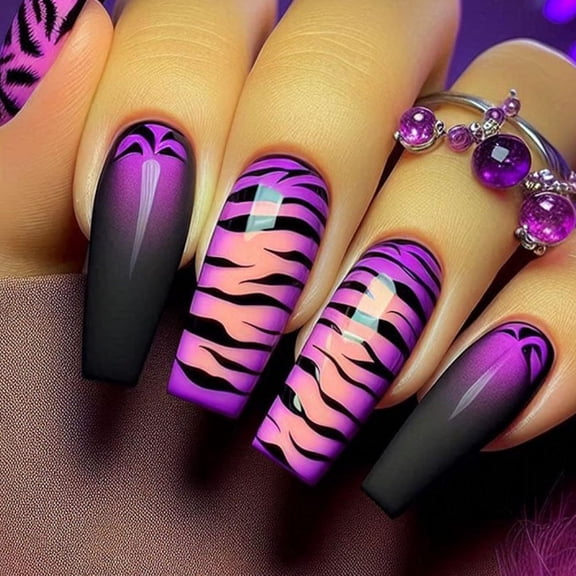 mirlewaiy Purple Pink Tiger Pattern Press On Nails, Long Reusable Acrylic Nails 24PCS
