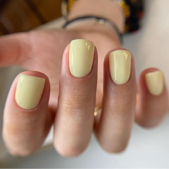mirlewaiy Short Square Press On Nails | Opaque Soft Gel Glue On Nails for Women, 12 Sizes 24Pcs Kit, Pastel Yellow Lemon Sprint