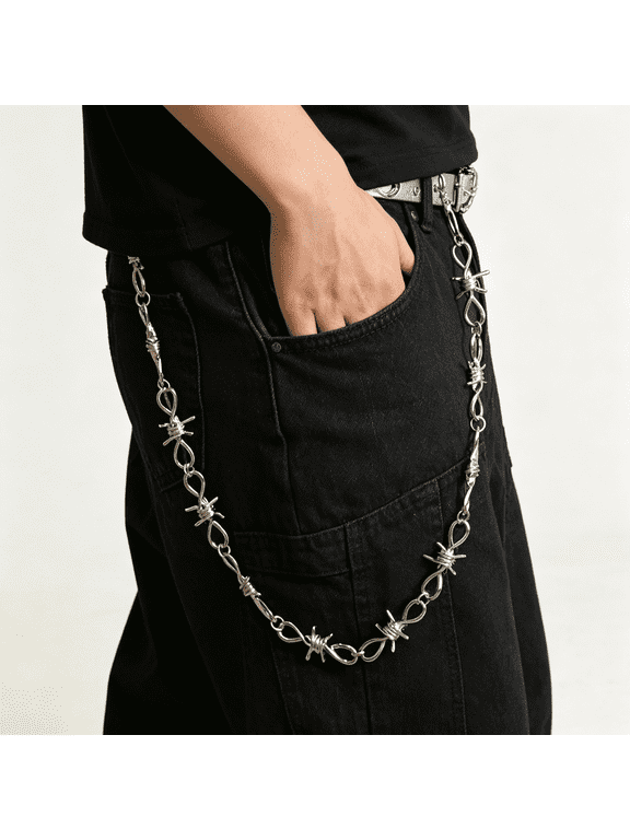 Silver Barbed Wire Pants Chain, Teardrop Link Jean Wallet Chain with Lobster Clasps, Unisex Punk Streetwear Accessory