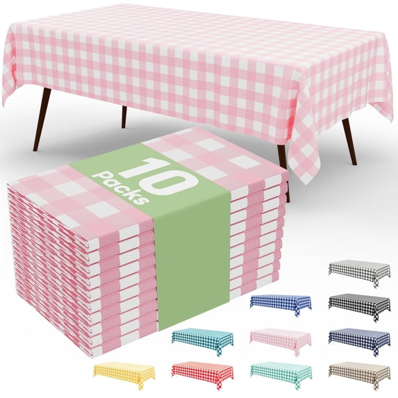 misaya 10 Packs Buffalo Disposable Table Cloth, 54 x 108 Inch Waterproof Plastic Tablecloth, Rectangle Pink and White Checkered Table Covers for Picnic, Birthday, Party C107