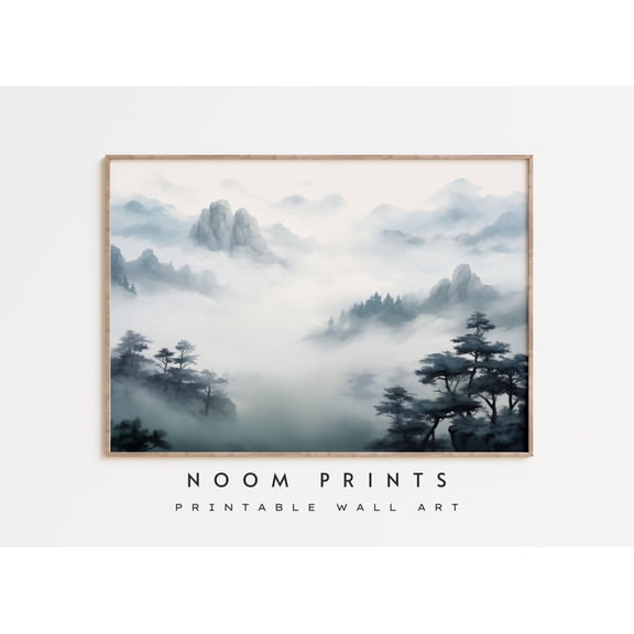 misty Mountain Wall Art Landscape Dark Blue Wall Art Moody Poster Tree Landscape Mountains