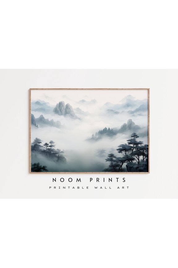 misty Mountain Wall Art Landscape Dark Blue Wall Art Moody Poster Tree Landscape Mountains