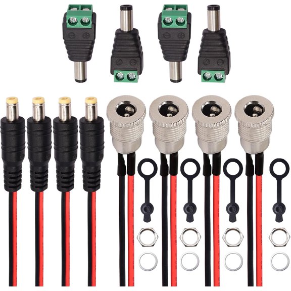 mistyhony 5Pcs 10A DC-099 DC Power Jack Cord Socket 5.5x2.1MM Threaded Female Mount Connector Adapter with 15CM 20AWG Pre-soldered Wires Waterproof Cover Cap K-078