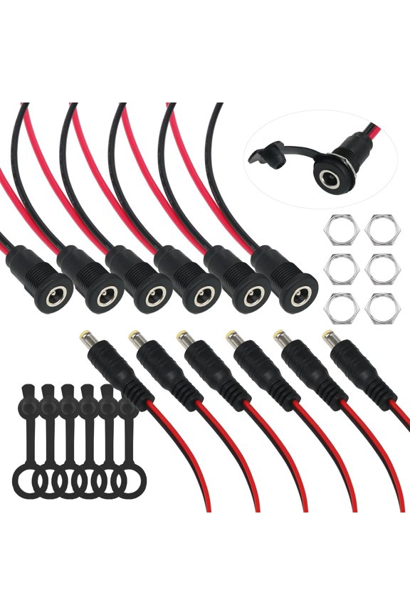 6 Sets 5.5 x 2.1mm DC Power Jack Threaded Female Panel Mount Barrel Connector Adapter Kit with Cover Cap OLA012