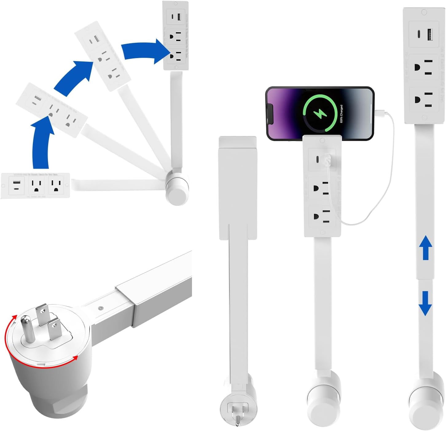 mistyhony Electrical Outlet Extender Features USB-A,USB-C,2 AC Electrical Outlet Extender Stick for Hard to Reach Spaces Extends 22"-27",Rotates 180°.Use Behind Couches, Nightstands, Desks, and More