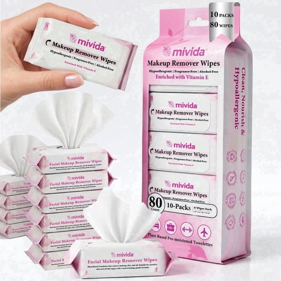 mivida Hypoallergenic Mini Makeup Remover Wipes with Vitamin E, Fragrance-Free, Travel makeup Wipes, 80 Count (10 Packs of 8)