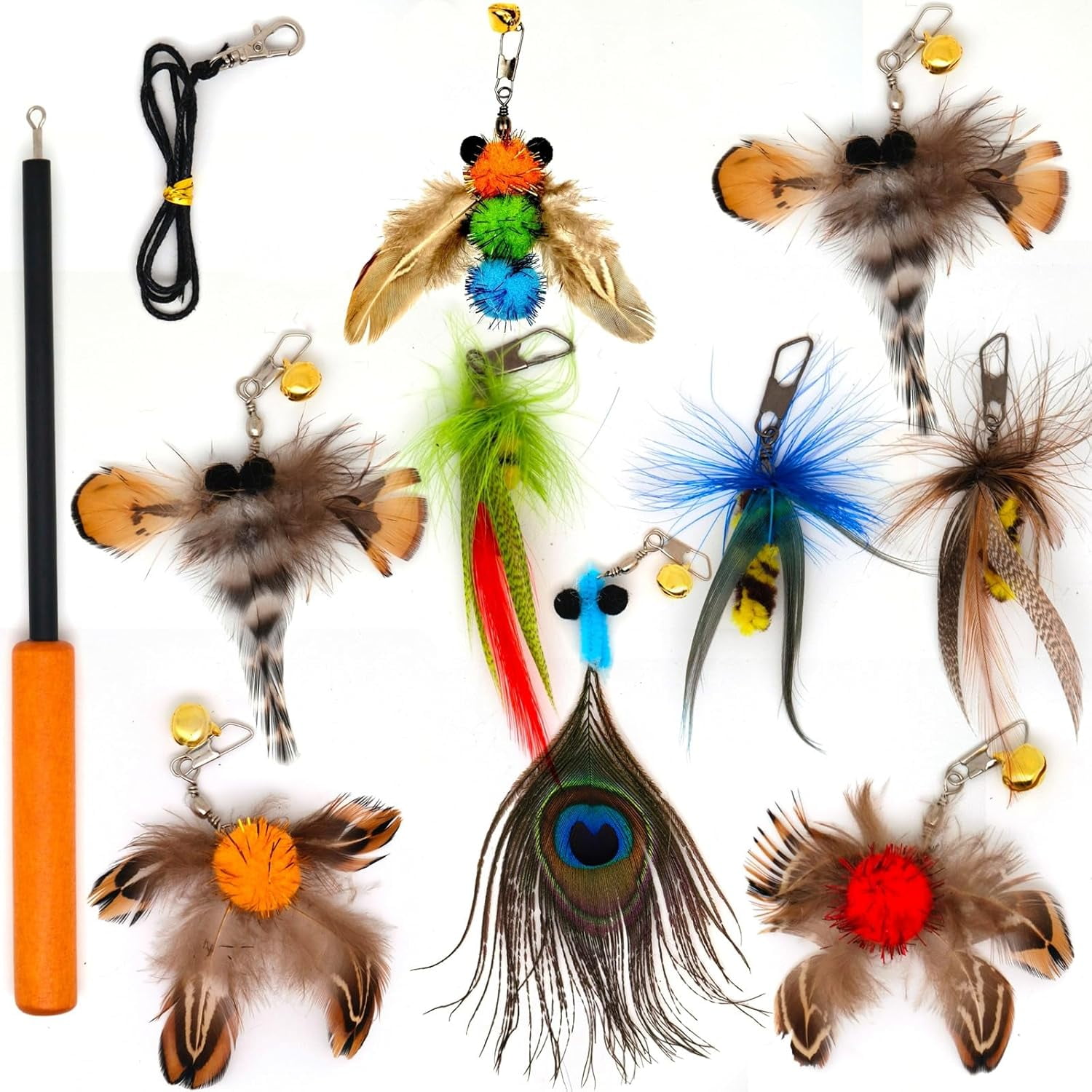 miwoowim Cat Toys Interactive for Indoor Cats, 2PCS Ultra-Long Teaser(50"+38")+9PCS Da Bird Feather Refills, Fishing Pole Toy,Retractable Cat Wand Toy and Feather Toys Refills Attachment Replacement