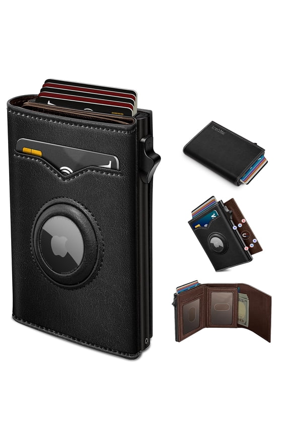Airtag Wallet for Men,with Cash Pocket 2 ID Window 9-12 Cards,Metal Case Smart Slim Pop Up Credit Card Holder Flip with Magnetic Closure RFID Blocking Trifold wallet with Gift Box Y101