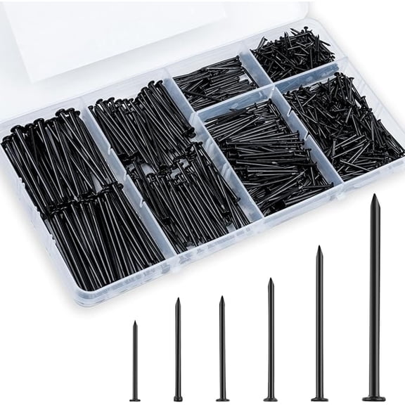 mjw001 Black Nails for Wall Hanging, Tapestry, Picture Frames (700 Pieces), Clothes Hangers for Bedrooms, Bathrooms, Offices, 6 Sizes, Small Nail Set (640 Frame Nails, 60 Finishing Nails)