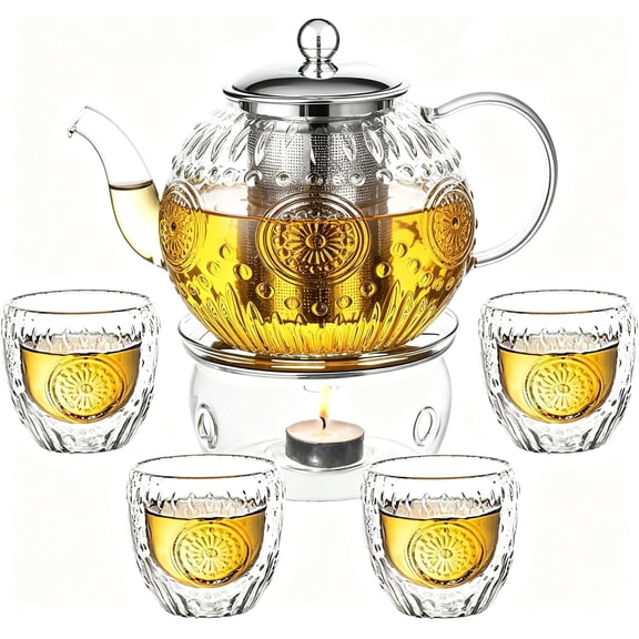 ml Vintage-Style Glass Teapot Set with 4 Cups and Removable Infuser