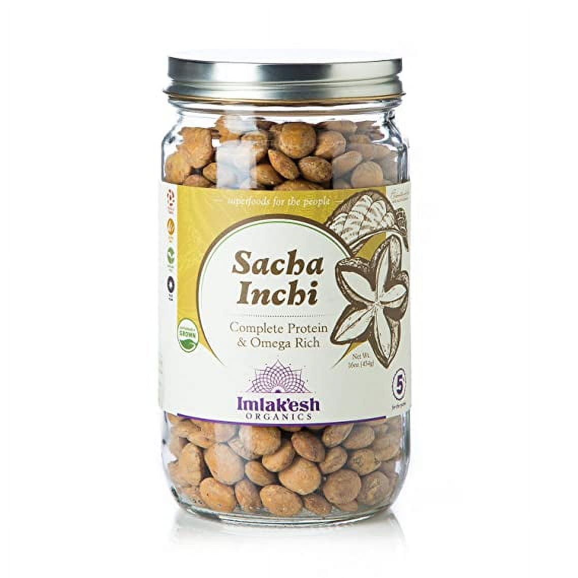 mlak'esh Organics, Sacha Inchi Nuts (16-Ounce Glass Jar), Protein Super-Nuts — 0 Net Carbs | Keto | Paleo | Organic | Regenerative | Protein | Gluten-Free | Non-GMO Pack of 6