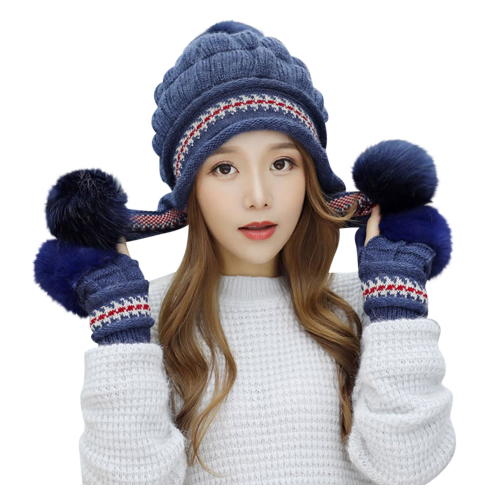 PIKADINGNIS Warm Knitted Womens Hat Striped Winter Hats for Women Double  Fur Pompom Wool Beanies Thick Skullies Cap Faux Pompom Hat Femme