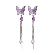 mnjin new fashion butterfly earrings full diamond pearl long tassel stud earrings purple