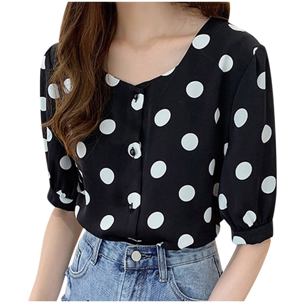 mnjin tops for women t shirt fashion women casual short sleeve polka dot  o-neck casual tops button shirts t-shirt black l 