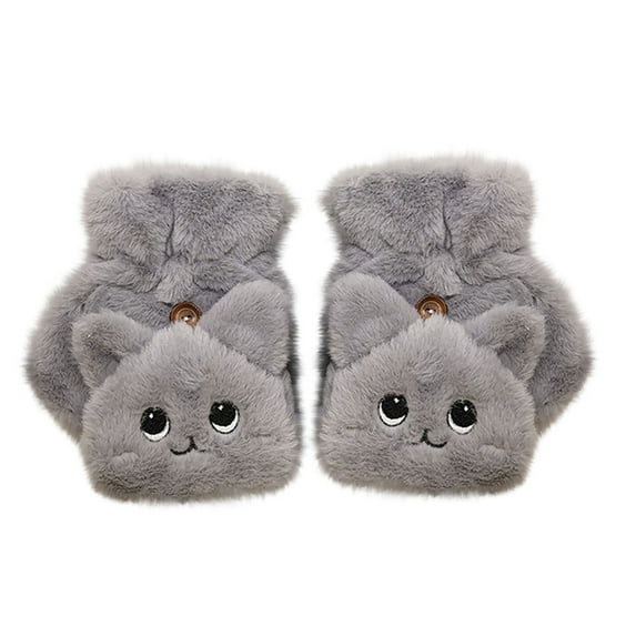 mnjin women girls gloves warm soft cute cat convertible flip top winter fingerless thick mittens for teen grey a