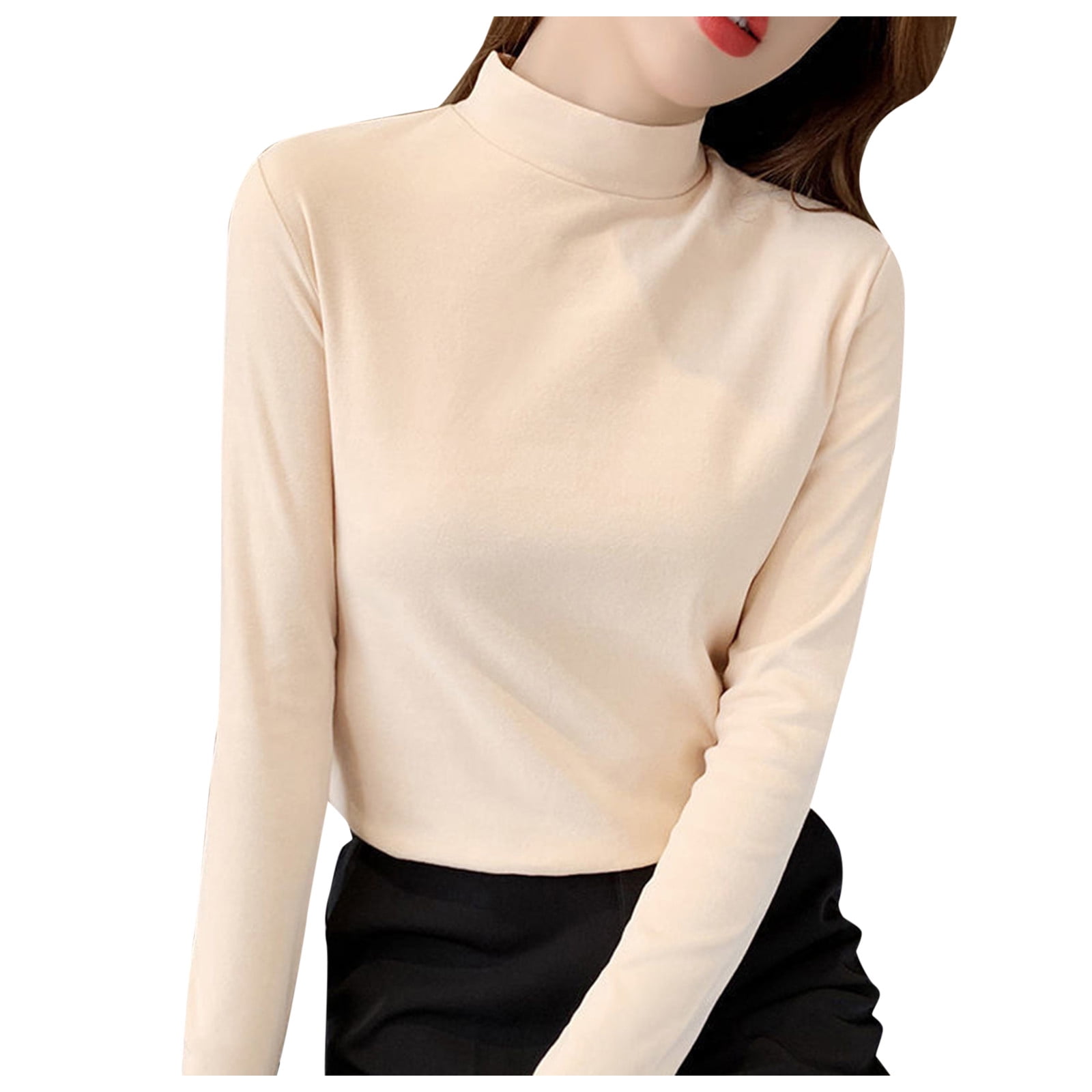 mnjin women shirts and blouses women slim casual solid long sleeve  turtleneck blouse tops slim fit stretchy layer tee shirts t shirt for women  beige