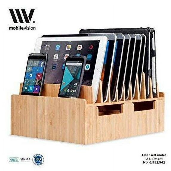 mobilevision bamboo 10-port charging station & docking organizer for smartphones & tablets, family-sized, for use in corporate offices & classrooms