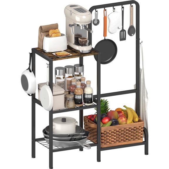 mocomax Kitchen Stand Shelf with Storage, 3-Tier Utility Baker's Rack for Spices, Adjustable Coffee Bar Station with 8 Hooks, Space-Saving Microwave Oven Stand for Pots, Pans & Utensils, Black Y101