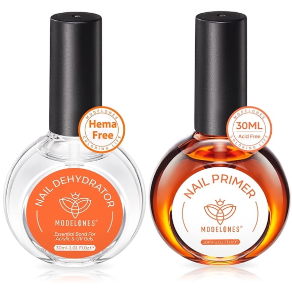 modelones 30 ml Nail Dehydrator and Primer, Acid Free Natural Prep Dehydrate & Bond Primer Kit, Hema-Free Acrylic Nail Supplies Top Coat