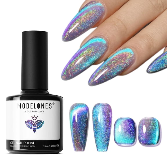 Modelones 9D Magnetic Cat Eye Gel Nail Polish, 15ML High Shine Holographic Glitter Gel Polish, Long Lasting Reflective Iridescent Soak Off UV LED Gel Polish for Home Salon Manicure, Blue Purple