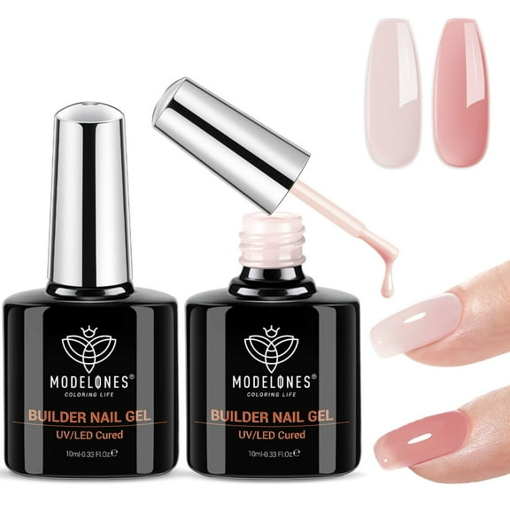 modelones Builder Nail Gel, 2 Pcs Cover Nude and Rose Pink Gel Builder for Thickening Apex Building 8-in-One Rubber Color Base Polish Strengthener Extension LED Lamp Cured 10 ml DIY Home Salon