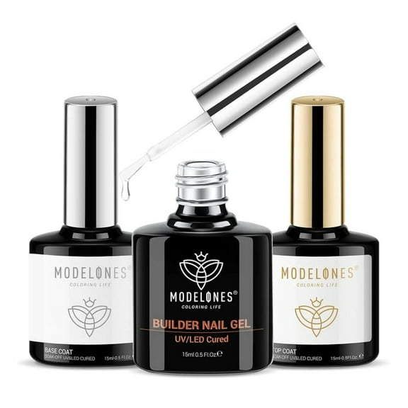 modelones Builder Nail Gel with Gel Top and Base Coat, 3Pcs Gel Nail Kit for Nail Thickening Apex Building Nail Extension Rhinestone Gel Nail Glue, LED Nail Lamp Cured