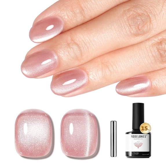 modelones Cat Eye Gel Nail Polish, 15 ML Pink Glass Cat Eye Gel Nail Polish with Magnet Spring White Silver Shimmer Soak Off Reflective Translucent Gel Magnetic Nail Polish for Women Girl