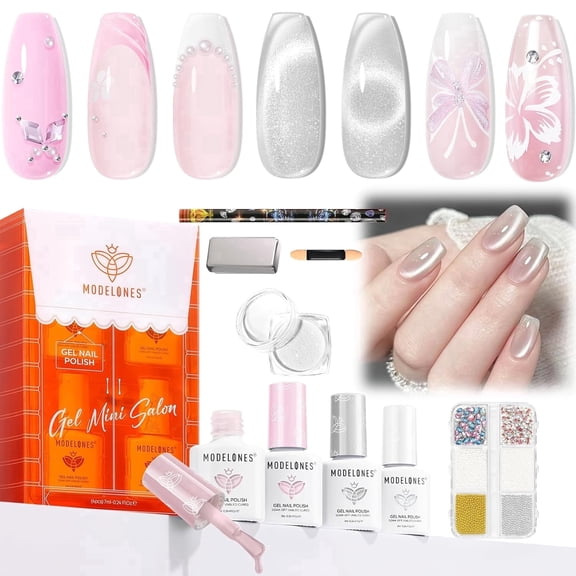 modelones Cat Eye Gel Nail Polish Set, 4 Colors Jelly Pink Sheer Nude Silver Magnetic Cat Eye Effect, Pearl Chrome Powder, Flatback Rhinestones & Pearls, French Nail Art, Mini Salon Gift Set