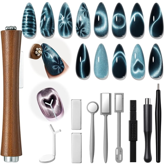 modelones Cat Eye Magnet Set for Nails, Heart Cateye Powerful 3 IN One Magnetic Pen Nail Design Square Double Head Round Magnets Tool Glassy Moon French Flower Cats Eye Effect Manicure DIY Gift