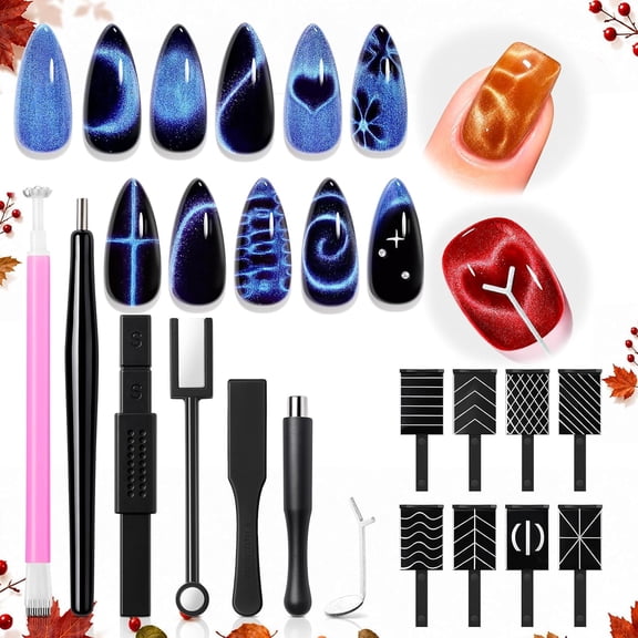 modelones Cat Eye Magnetic for Nails,15PCS Cat Eye Gel Nail Polish Magnet Tools Powerful Set Wand Magnet Summer Nail Polish Square Round Magnet Stick Diverse Glassy Cateye Effect
